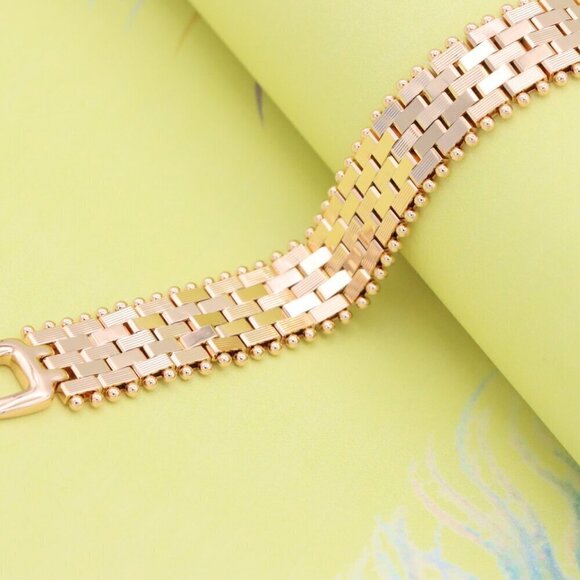 "Wide Rose Gold Bracelet with Textured Interlink & Ball Edge Design, XPBL0873 - Picture 6 of 12